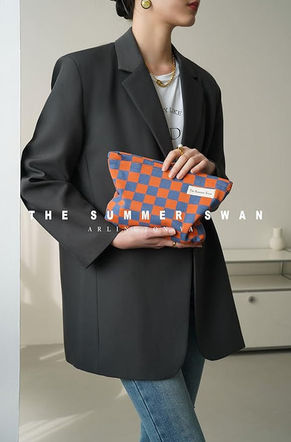 The Summer Swan Large Floral Mid-day Clutch Period Kit Hygiene Skincare Cute Makeup Bag (Colour Block Checkered Orange Navy)