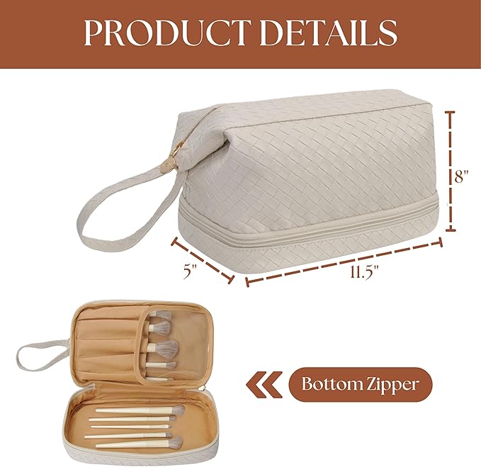 NGIL Faux Leather Cosmetic Bag for Women, Makeup Bag Organizer, Makeup Brush Storage, Portable Travel Bag for Toiletries (Woven, Cream, Medium)