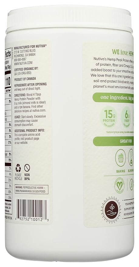 Nutiva Organic Cold-Pressed Raw Hemp Seed Protein Powder, Peak Protein, 16 Oz, USDA Organic, Non-GMO, Whole 30 Approved, Vegan, Gluten-Free & Keto, Plant Protein with Essential Amino Acids