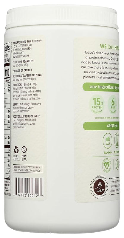 Nutiva Organic Cold-Pressed Raw Hemp Seed Protein Powder, Peak Protein, 16 Oz, USDA Organic, Non-GMO, Whole 30 Approved, Vegan, Gluten-Free & Keto, Plant Protein with Essential Amino Acids
