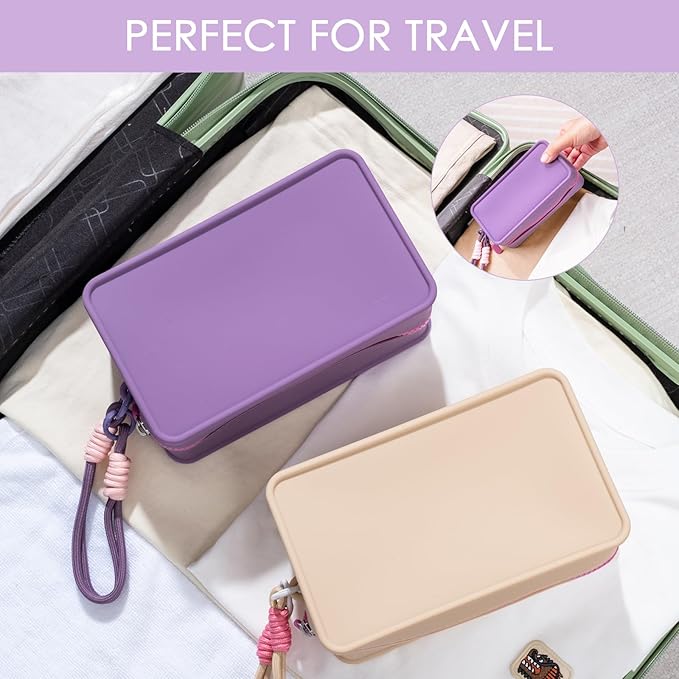 Travistar Silicone Travel Makeup Bag - Large Capacity Make Up Pouch Travel Makeup Organizer Bag Waterproof Toiletry Bag Portable Cosmetic Bag Small Womens Brush Holder Bag with Zipper Closure Purple