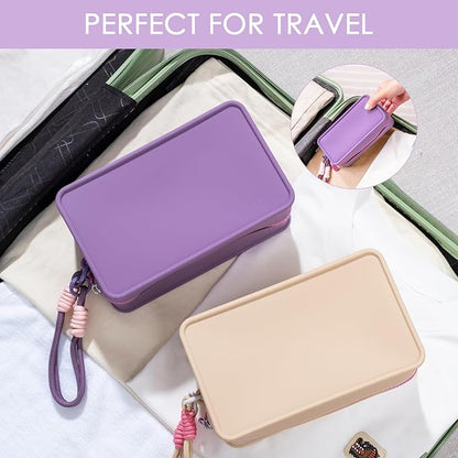Travistar Silicone Travel Makeup Bag - Large Capacity Make Up Pouch Travel Makeup Organizer Bag Waterproof Toiletry Bag Portable Cosmetic Bag Small Womens Brush Holder Bag with Zipper Closure Purple