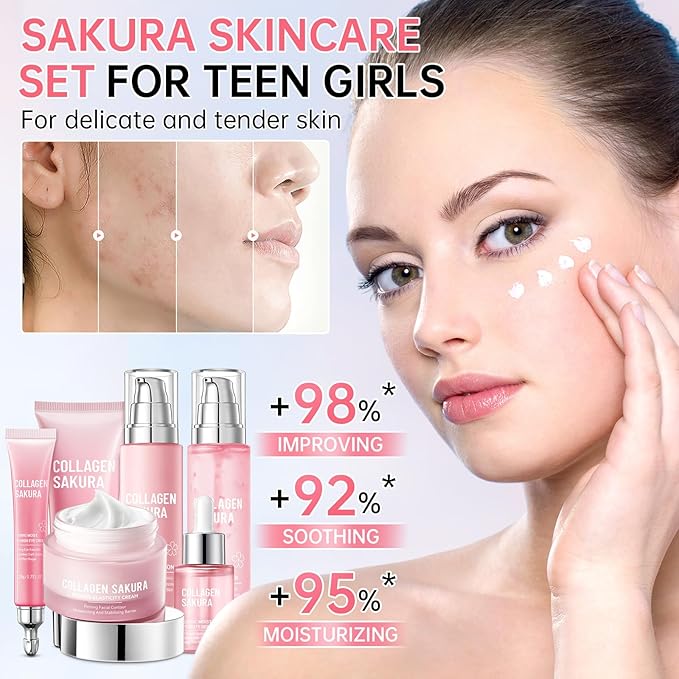 Sakura Skin Care Set, Cherry Blossom Skincare Set for Teen Girls, Hydrate & Repair Skin, 6 Pcs Individually Packaged Collagen Skin Care Kits with Cleanser, Toner, Lotion, Serum, Cream & Eye Cream