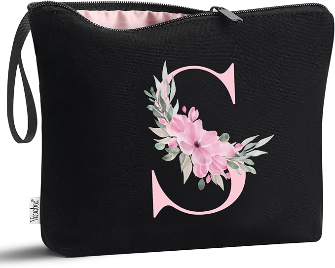 Vavabox A-Z Personalized Makeup Bag, Birthday Gifts for Women Mom, Gifts for Best Friend, Bride Bridesmaid Cosmetic bag (S, Black)