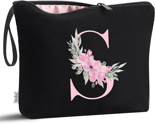 Vavabox A-Z Personalized Makeup Bag, Birthday Gifts for Women Mom, Gifts for Best Friend, Bride Bridesmaid Cosmetic bag (S, Black)