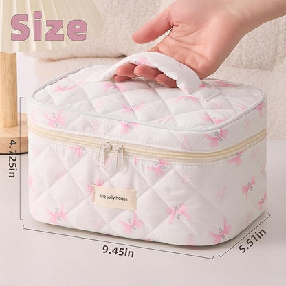 Cute Pink Bow Quilted Makeup Bag, Large Capacity Travel Cosmetic Bag for Women and Girls, Aesthetic Storage for Daily and Travel Use (Pink Bow)