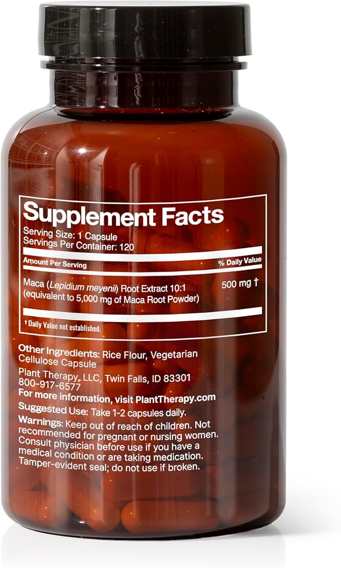 Plant Therapy Maca Root Herbal Supplement Capsules, Supports Sexual Health for Men & Women, Mood-Boosting, Energizing & Reduces Tension, 120 Vegetarian Capsules (4 Month Supply), Made in The USA
