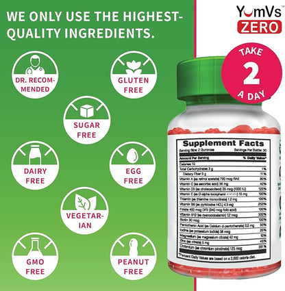 YUM-V'S YumVs Multivitamin Gummies | Sugar Free Supplement Vitamins for Women & Men | Chromium, Thiamine and Magnesium | Natural Raspberry Flavor Chewables - 60 Count