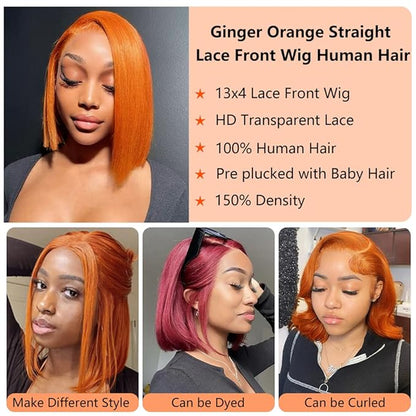 Ginger Bob Lace Front Wigs Human Hair 13x4 HD Lace Front Wigs 150% Density Colored Straight Short Bob Wig Ginger Orange Bob Lace Front Human Hair Wigs Pre Plucked Natural Hairline With Baby Hair14inch