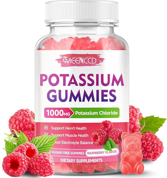 Potassium Gummies, Potassium Chloride 1000mg for Adults, Sugar-Free Potassium Supplement Gummies Support Electrolyte Balance & Leg Cramps for Women & Men, Raspberry Flavor, 60 Count