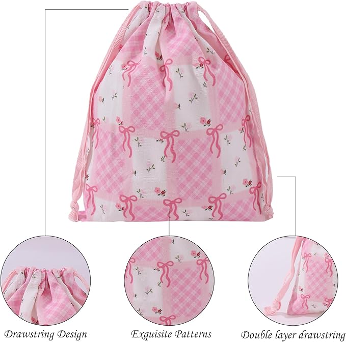 LYDZTION 4pcs Floral Drawstring Makeup Bags Pouches For Purse, Small Canvas Cloth Gift Bags Pouch For Cosmetics Jewerlry Home Travel Storage,Flower Bow