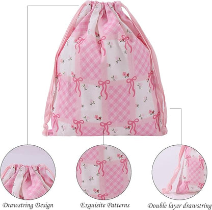LYDZTION 4pcs Floral Drawstring Makeup Bags Pouches For Purse, Small Canvas Cloth Gift Bags Pouch For Cosmetics Jewerlry Home Travel Storage,Flower Bow