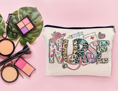 Nurse Leopard Floral Nursing Makeup Bag Make up Cosmetic Bag Small Zipper Pouch,Nurse Appreciation Gift,Nurses Week Gift,Nursing Gift,Nurse Graduate Gifts