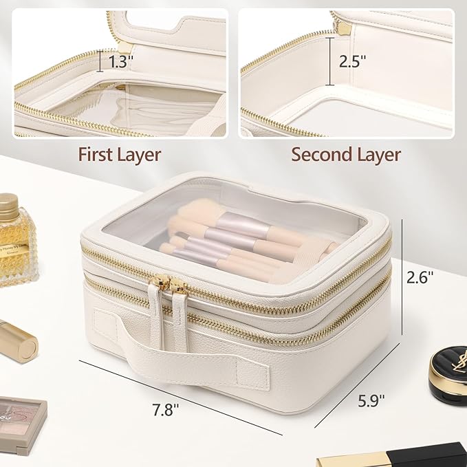 PACKISM Double Layer Clear Makeup Bag - Pebbled Texture & Hard PU Leather Car Bag Organizer for Car Essentials, with Message Card Travel Cosmetic Bag for Women Gift (Cream 2 Layer)