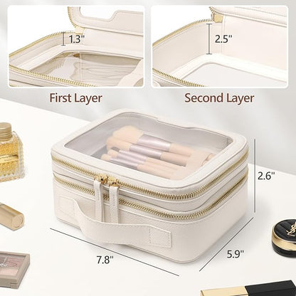 PACKISM Double Layer Clear Makeup Bag - Pebbled Texture & Hard PU Leather Car Bag Organizer for Car Essentials, with Message Card Travel Cosmetic Bag for Women Gift (Cream 2 Layer)