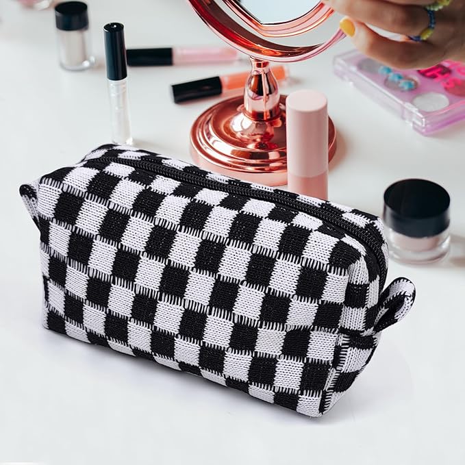 Small Cute Checkered Makeup Bag - Portable Cosmetic Pouch with Zipper, Travel Toiletry Bag, Purse Organizer, Beauty Storage, Black