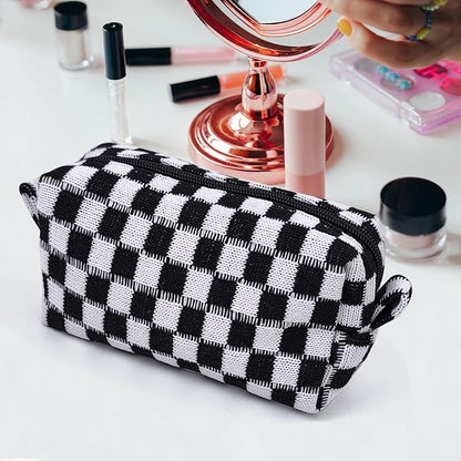 Small Cute Checkered Makeup Bag - Portable Cosmetic Pouch with Zipper, Travel Toiletry Bag, Purse Organizer, Beauty Storage, Black