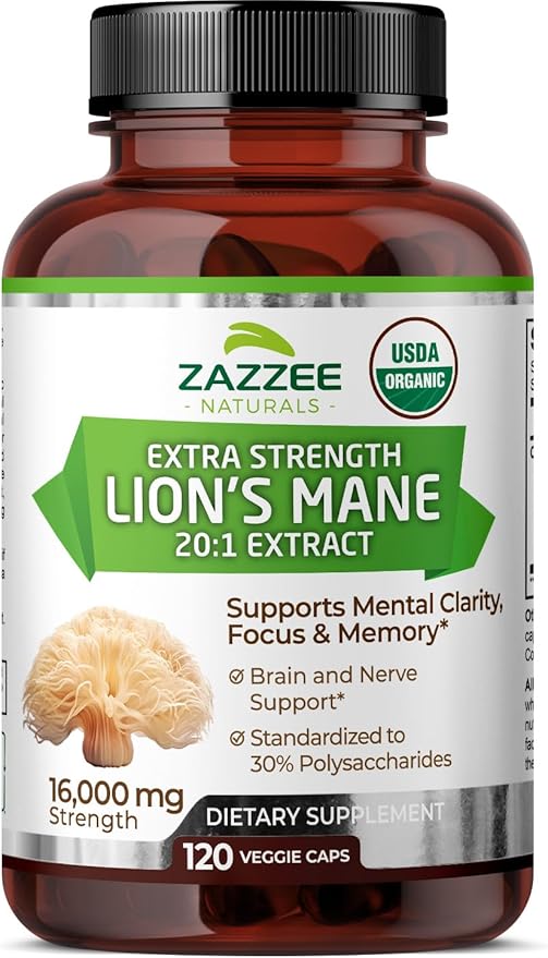 Zazzee USDA Organic Lion's Mane 20:1 Extract, 16,000 mg Strength, 30% Polysaccharides, 120 Vegan Capsules, 60 Day Supply, Standardized and Concentrated 20X Extract, All-Natural and Non-GMO