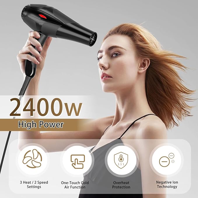 Hair Dryer Professional Ionic Salon Hair Dryer 2400W Powerful Fast-Drying Blue Light Ionic Hair Dryers with Diffuser, AC Motor Constant Temperature Quiet Ion Dryers for Women Men