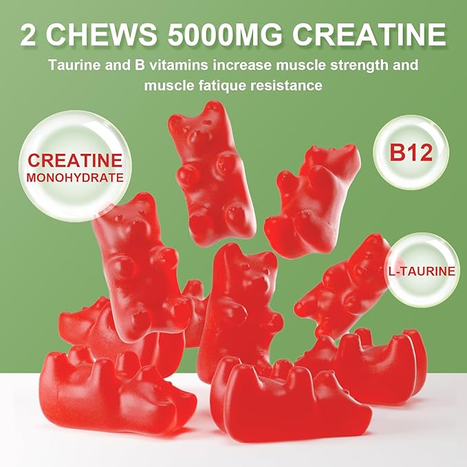Creatine Monohydrate Gummies for Men & Women, Chewables Creatine Monohydrate for Muscle Strength, Muscle Builder, Energy Boost, Sugar Free, Vegan, Strawberry Flavor-60 Count