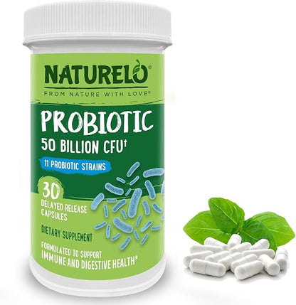NATURELO Probiotics for Digestive Health - 50 Billion CFU, 11 Strains Daily Supplement - Boosts Immune System, Delayed Release, 30 Vegetarian Capsules