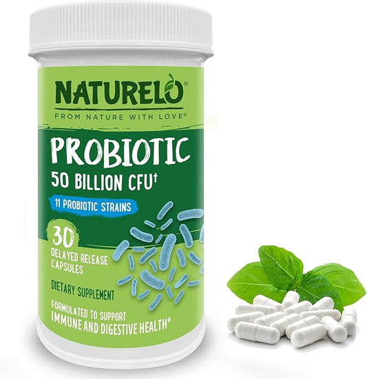 NATURELO Probiotics for Digestive Health - 50 Billion CFU, 11 Strains Daily Supplement - Boosts Immune System, Delayed Release, 30 Vegetarian Capsules