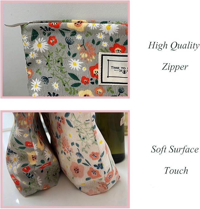 Flower Fabric Makeup Bag for Purse, Vintage Corduroy Cosmetic Pouch Bag, Portable Travel Handbag for Women Girls (Bean green flowers)