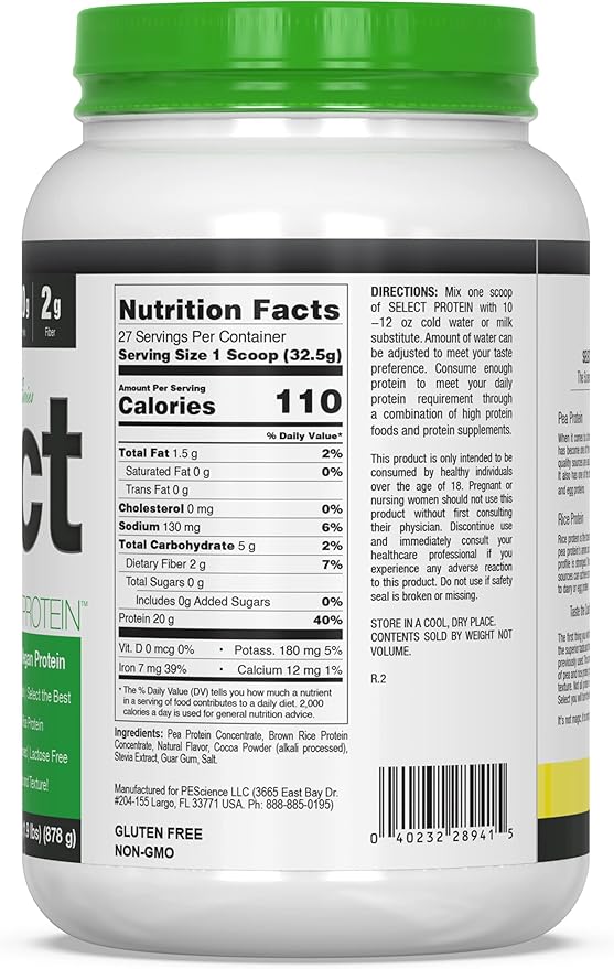 PEScience Select Vegan Plant Based Protein Powder, Mint Chocolate, 27 Serving, Premium Pea and Brown Rice Blend