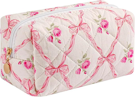Quilted Cotton Makeup Bag Travel Cosmetic Bag for Women Girls, Zipper Make Up Pouch, Bow Pattern Toiletry Organizer Makeup, Portable Storage Bag (Pink Bowknot)