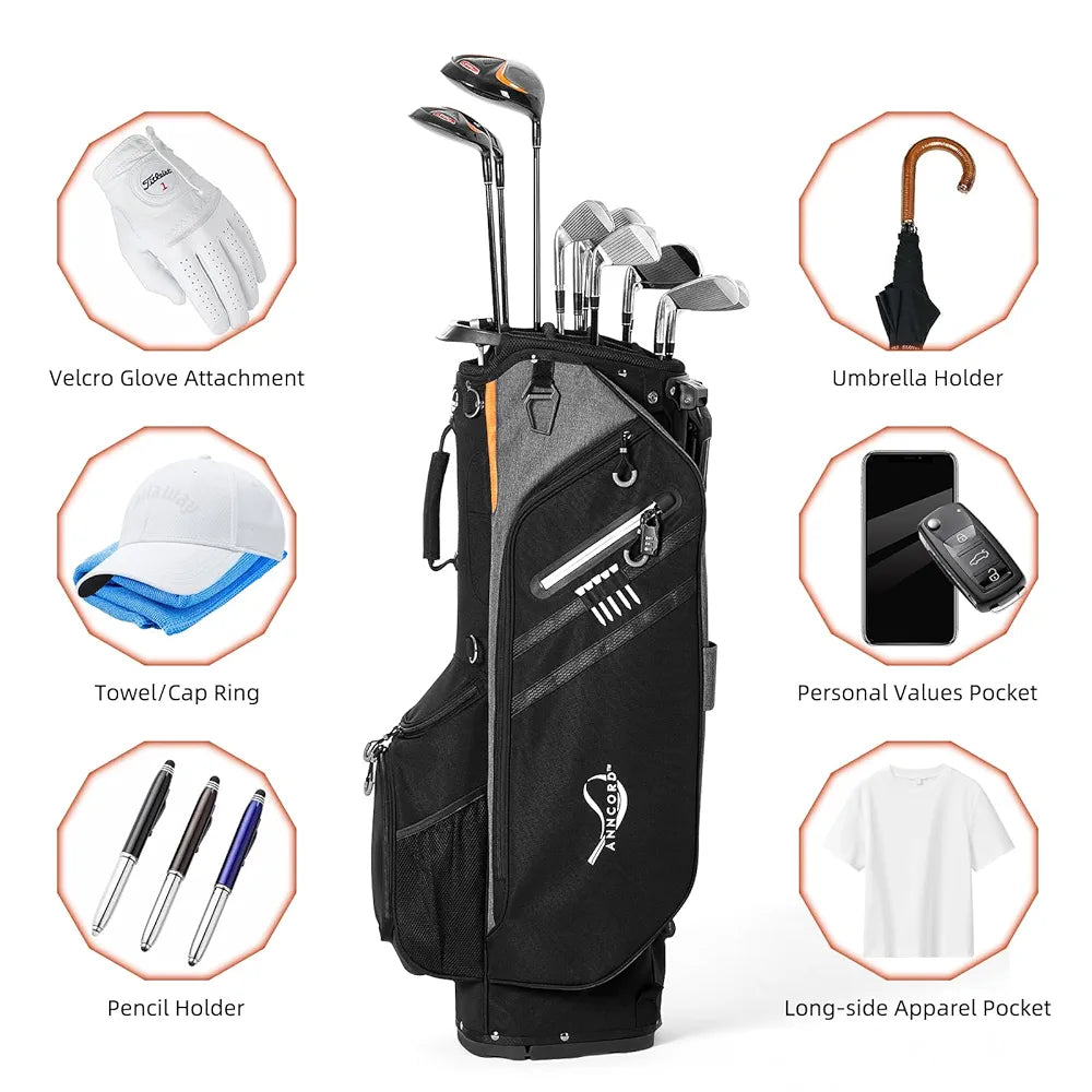 Golf Stand Bag 14 Way Top Dividers Full-Length with Stand, 7 Pockets, Lightweight Golf Bag for Men, Dual Strap, Rain Hood, Portable Golf Club Bag for Men Women