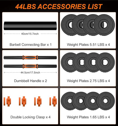 44LB Adjustable Dumbbelsll Set of 2 4 in 1, Barbell
