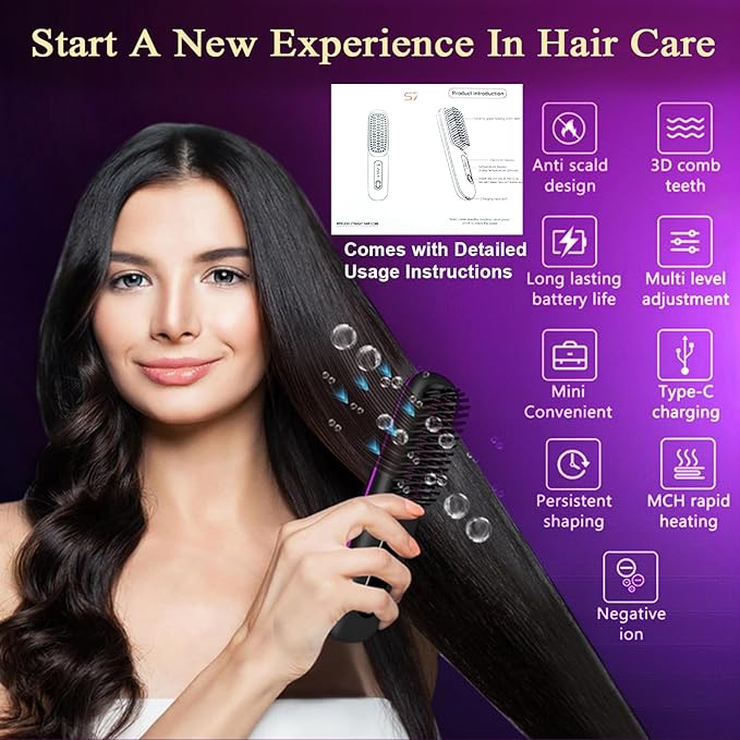 Go Brush Pro, Hair Straightener Brush Portable Gobrush Pro 2025 Cordless Hair Straightener for Travel (Black)