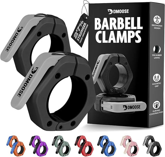 DMoose Fitness Barbell Clips 2" (Pair) - Quick Release Olympic Barbell Clamps & Collars with Anti Slip TPR Lining for Secure Weightlifting & Powerlifting - Weight Clips for Bars at Home or Gym