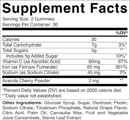 Vitamatic Iron 65 mg Gummies Supplement for Women & Men - 60 Vegan Gummies - Great Tasting Iron Gummy Vitamins with Vitamin C (1)