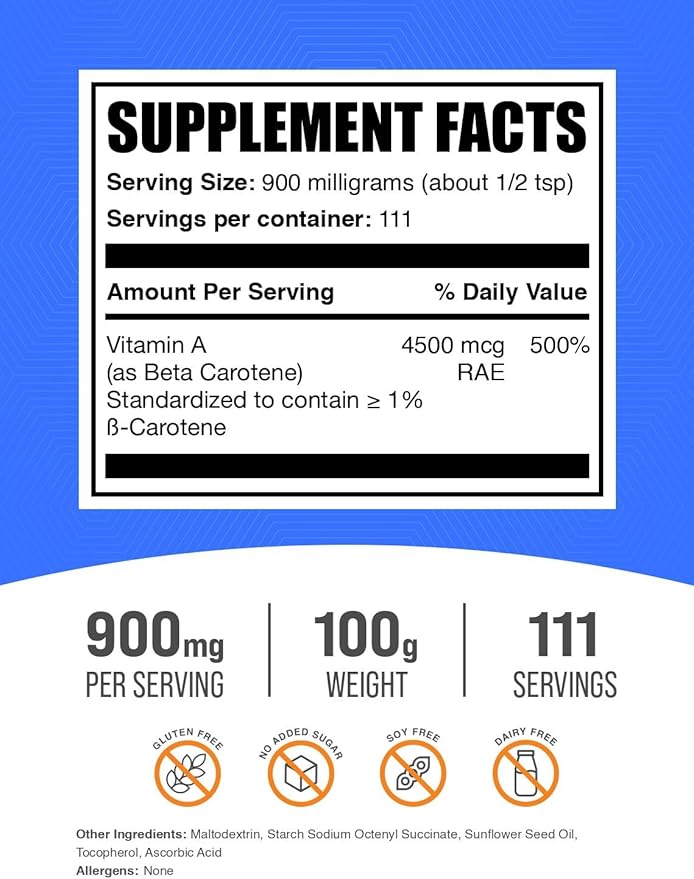 BulkSupplements.com Beta Carotene Powder - Vitamin A Supplements, Beta Carotene Supplements - for Immune & Eye Support, Gluten Free, 900mg per Serving, 100g (3.5 oz) (Pack of 1)