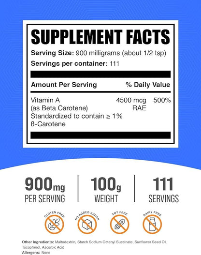 BulkSupplements.com Beta Carotene Powder - Vitamin A Supplements, Beta Carotene Supplements - for Immune & Eye Support, Gluten Free, 900mg per Serving, 100g (3.5 oz) (Pack of 1)
