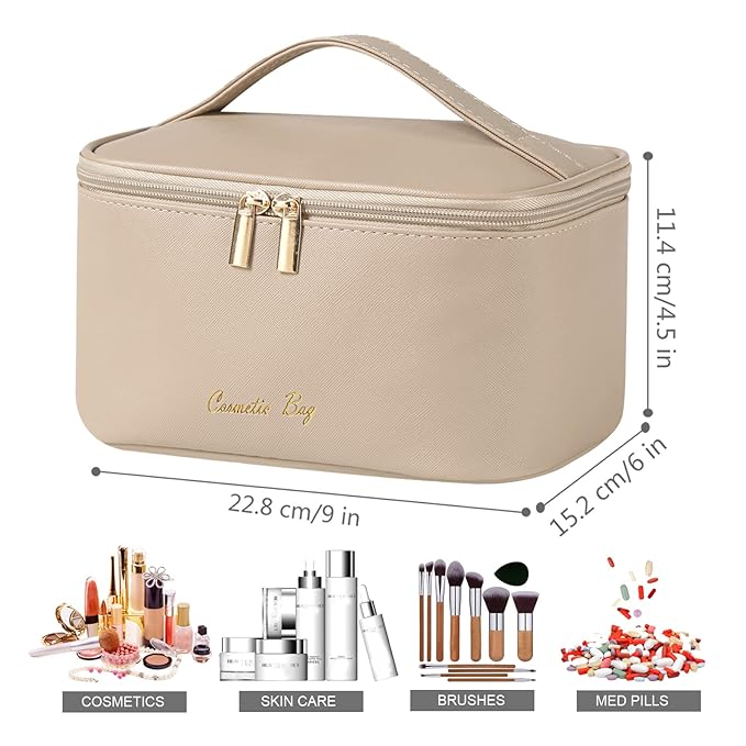 KITENROM Nature Makeup Bag,Premium Travel Makeup Organizer, Ideal Cosmetic Brush Bags Case for Women (Light Khaki)