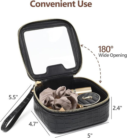PACKISM Small Clear Makeup Bag - Crocodile Texture & Hard PU Leather Mini Makeup Bag for Purse, Cosmetic Bag Travel Bag Car Bag for Essentials for Women Gift Daily Use (Black Mini)