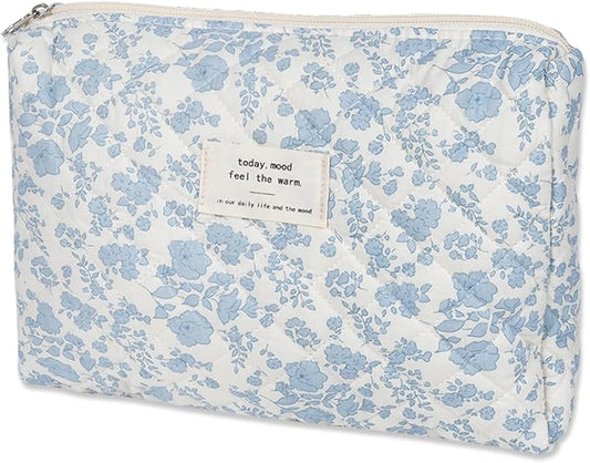 Quilted Makeup Bag,Medium Travel Floral Cosmetic Bag Cute Pouch,Cotton Makeup Brushes Storage Bag for Women
