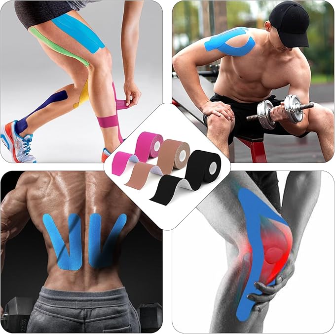 Waterproof Breathable Kinesiology Tape,16ft Uncut Strips (3 Rolls),Kinetic Tape, Sports Tape for Knee Pain&Elbow,Elastic Athletic Tape for Sports & Weightlifting,Muscle Strain Relief-Black+Beige+Pink