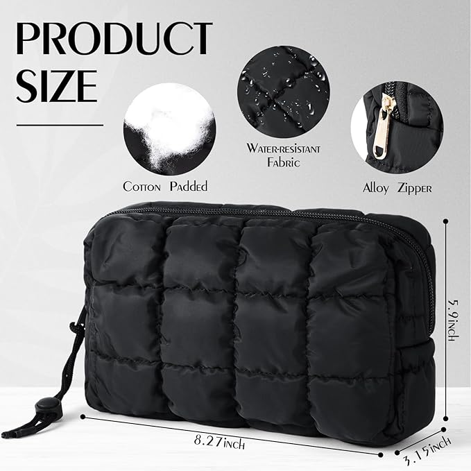 Hillban Puffy Quilted Makeup Bag Quilted Cosmetic Bag Cute Puffer Toiletry Checkered Pouch Aesthetic Travel Makeup Brushes Organizer(Black,Checkered)