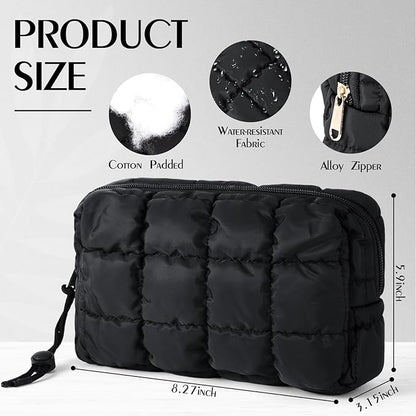 Hillban Puffy Quilted Makeup Bag Quilted Cosmetic Bag Cute Puffer Toiletry Checkered Pouch Aesthetic Travel Makeup Brushes Organizer(Black,Checkered)