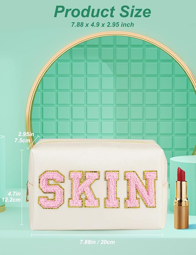 Preppy Makeup Bag, Synthetic Leather Patch Cosmetic Bag with SKIN Chenille Letter for Travel, Gift for Girlfriend or Wife, Present for Girls, Daughter, Sister and Mother