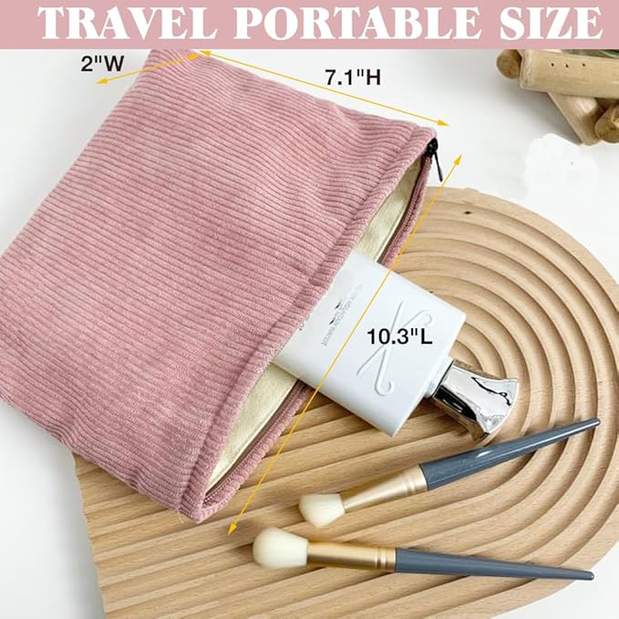 FITINI 2 Pcs Makeup Bag Large Corduroy Cosmetic Bags Portable Travel Toiletry Case Organizer Cute Small Brushes Storage Pouch with Zipper for Women Purse,Pink