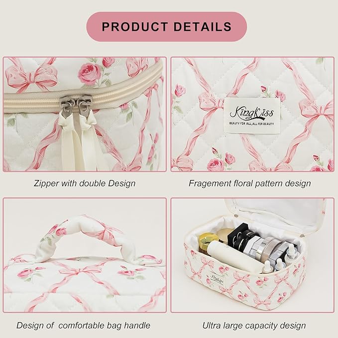 kingkiss Makeup Bag, Quilted Cosmetic Bag, Large Capacity Make Up Bag for Women, Cute Floral Storage Toiletry Bag Travel Storage Makeup Bag (Pink)
