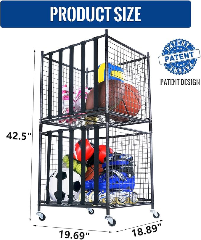 Mythinglogic Rolling Sports Ball Storage Cart, Sports Lockable Ball Storage Locker with Elastic Straps, Stackable Ball Cage for Garage Storage Garage Organizer