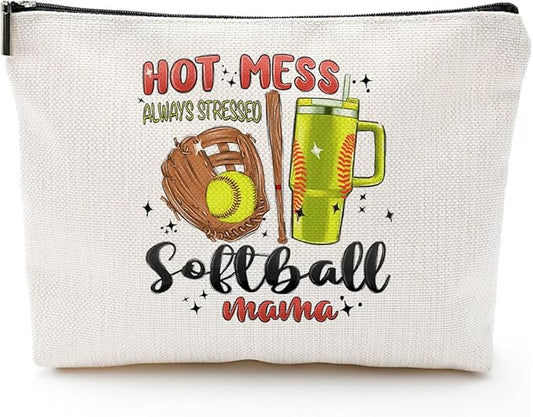 Hot Mess Always Stressed Softball MAMA Canvas Makeup Bag - Softball Accessories for Team Inspirational Gift for Softball Lovers Party Favors Stuff