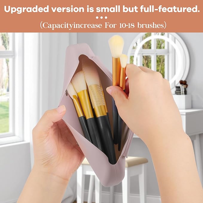 Travel Makeup Brush Holder，Silicone Makeup Brush Holder ，Portable Cosmetic Organiser with Two Upgraded Anti-fall Off Magnetic Clips ， foldable, large capacity -Khaki