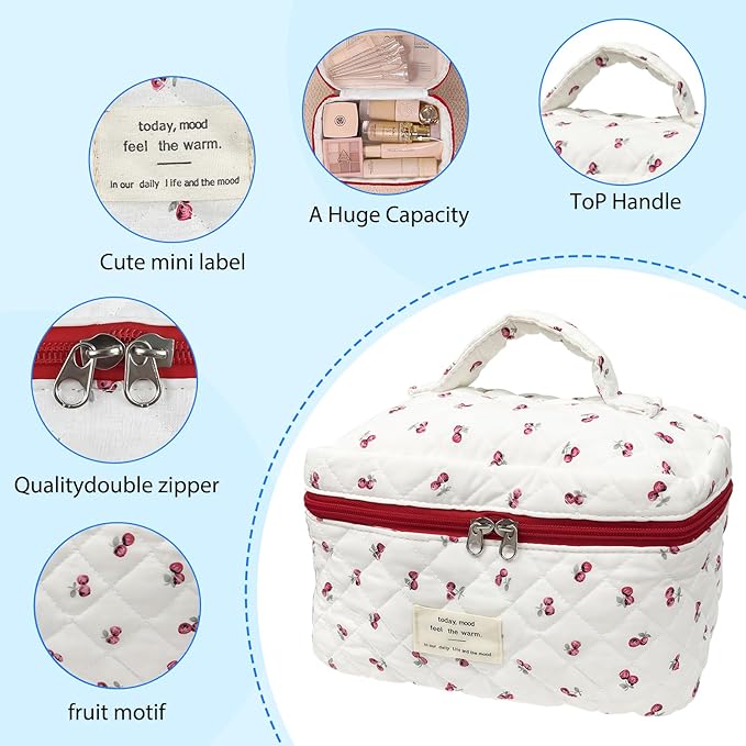 Cute Pink Cherry Quilted Makeup Bag, Large Capacity Travel Cosmetic Bag for Women and Girls, Aesthetic Storage for Daily and Travel Use,or for travel toiletry bag
