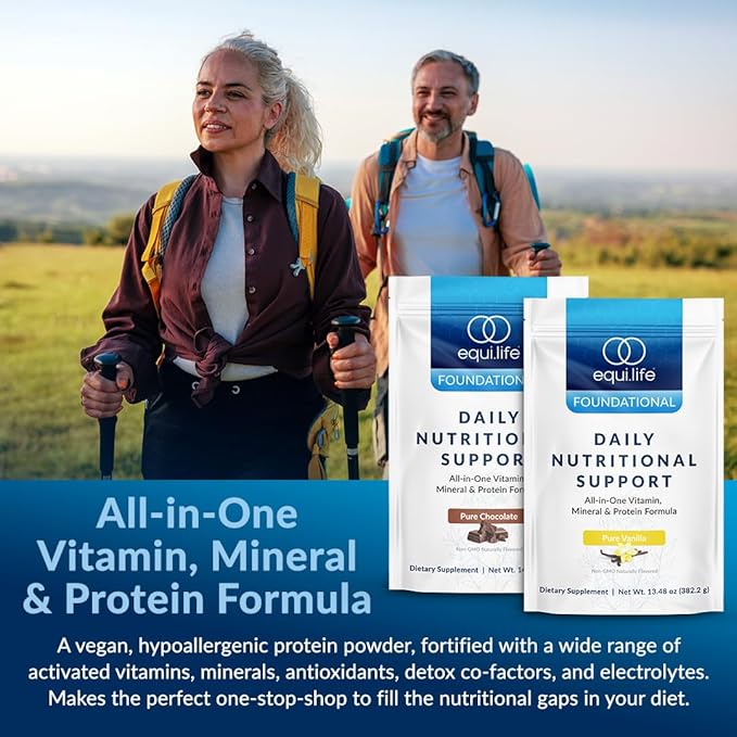 Equilife - Daily Nutritional Support, Organic and Plant Based Protein Powder, All-in-one Multivitamin, May Help Boost Energy and Mood, Gut-Cleansing Aid and Skin Health (Pure Vanilla,14 Servings Tub)